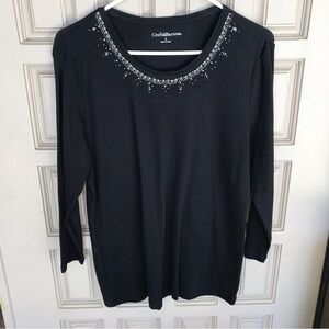 Croft & Barrow Tee Shirt Round Neck Blk SzL Beaded Neckline 3/4 Sleeves Nice
